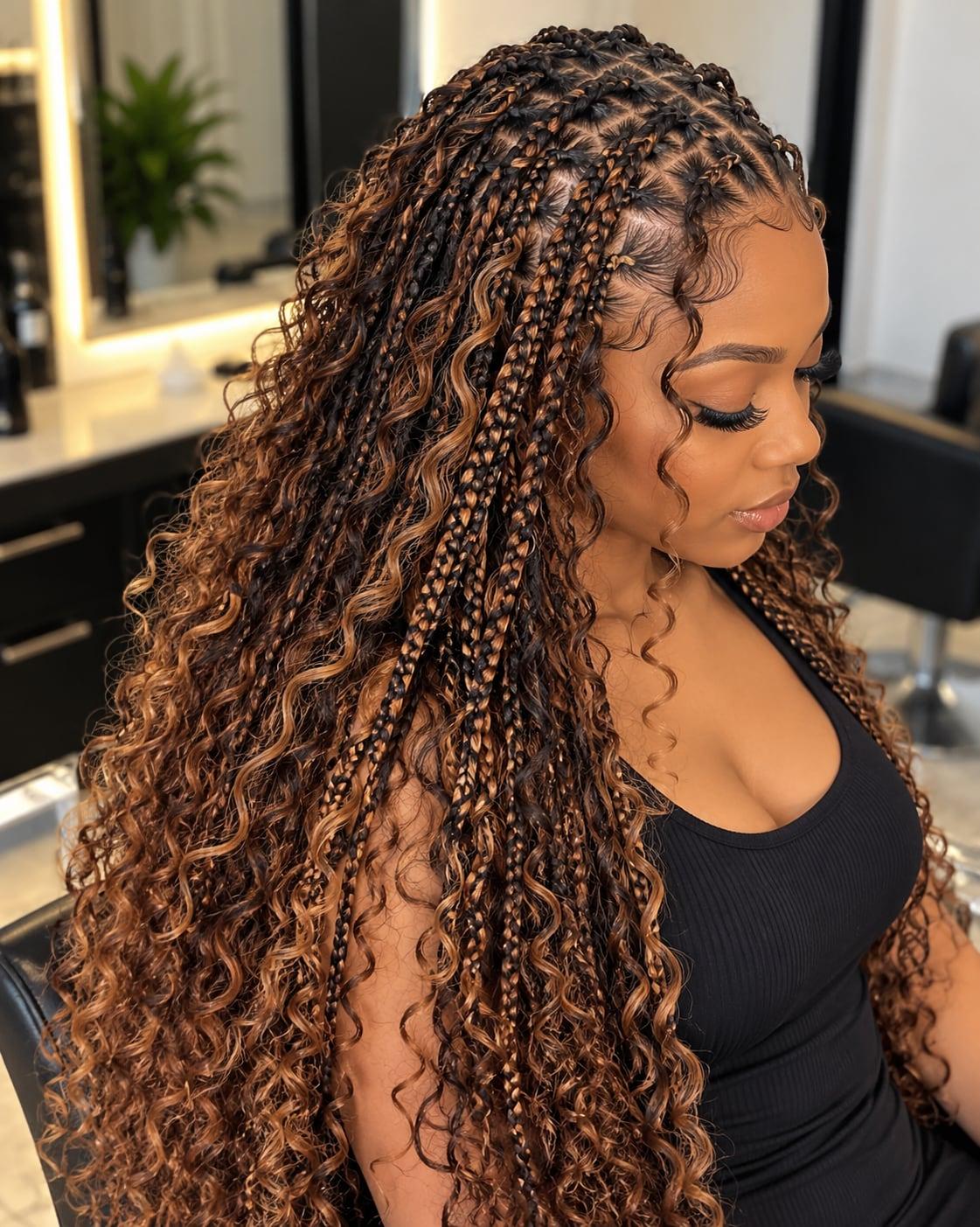Long boho knotless braids in black and honey brown with loose curls