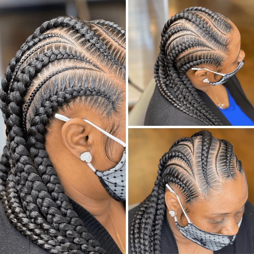 Three views of black feed-in cornrow braids styled to the side