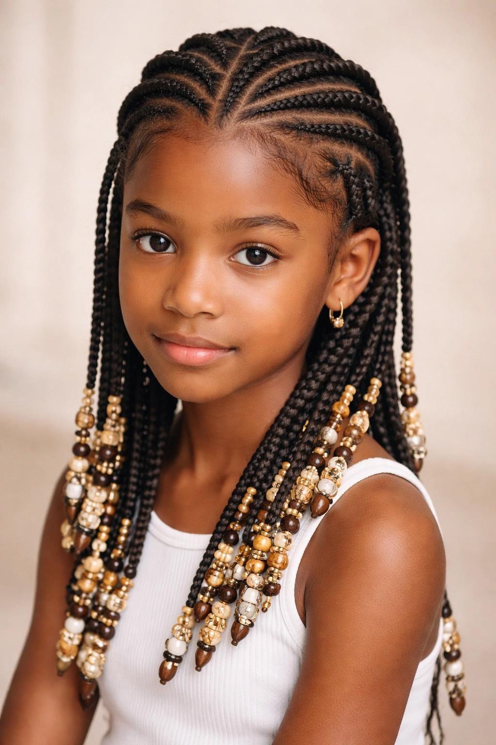 Young girl with cornrows and braids finished with gold and brown beads