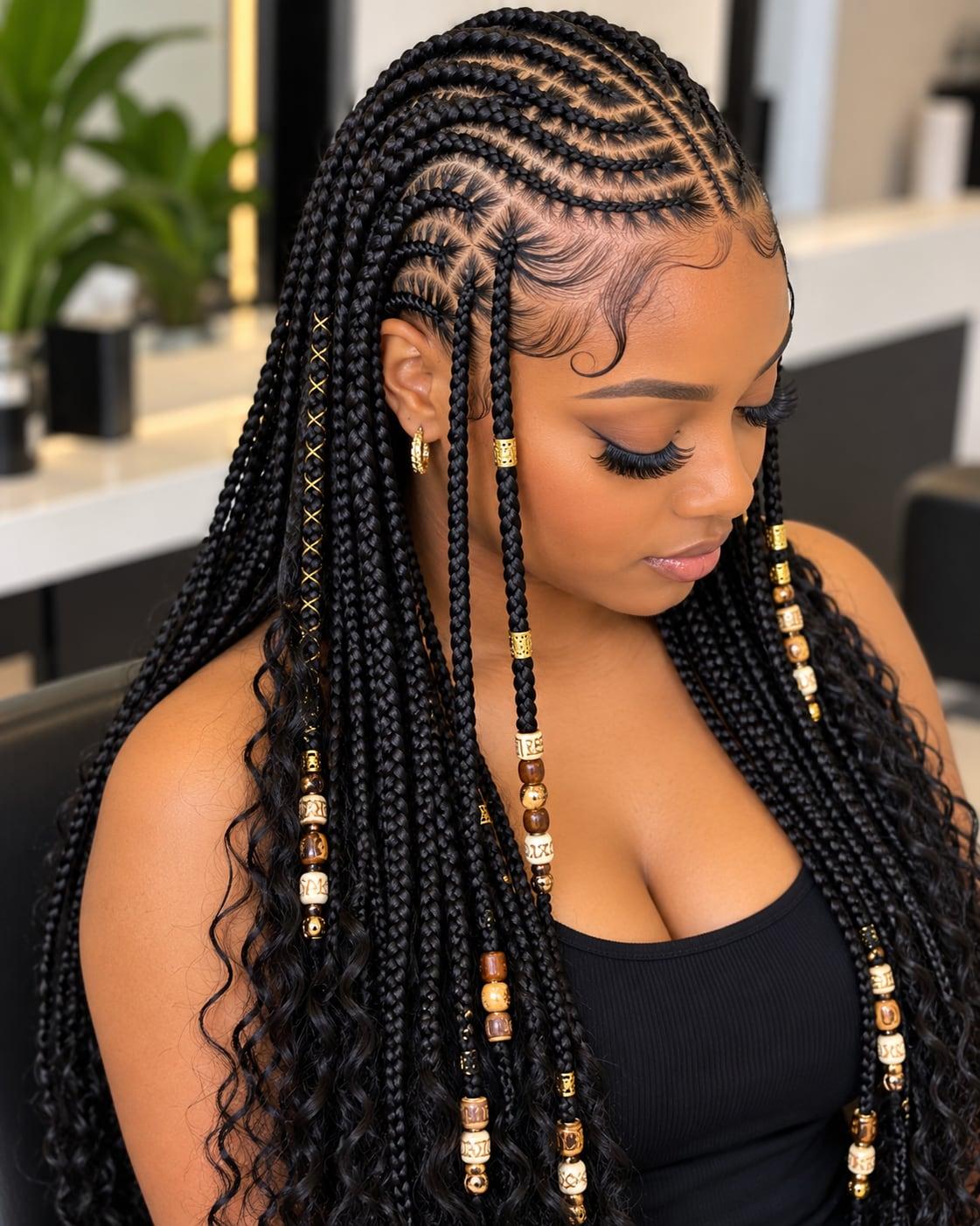 Fulani braids with curved cornrows, gold cuffs, and wooden beads