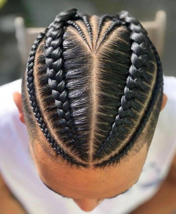 Men's braided style with fine cornrows and two larger braids, viewed from above