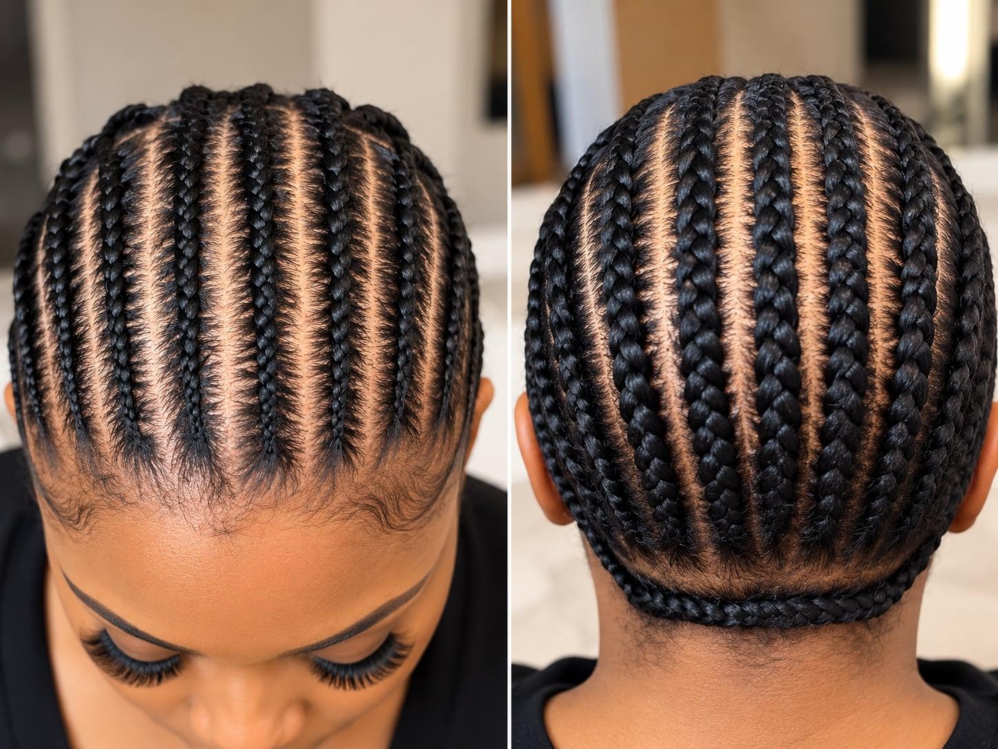 Straight-back cornrows on natural hair, shown from the front and the back